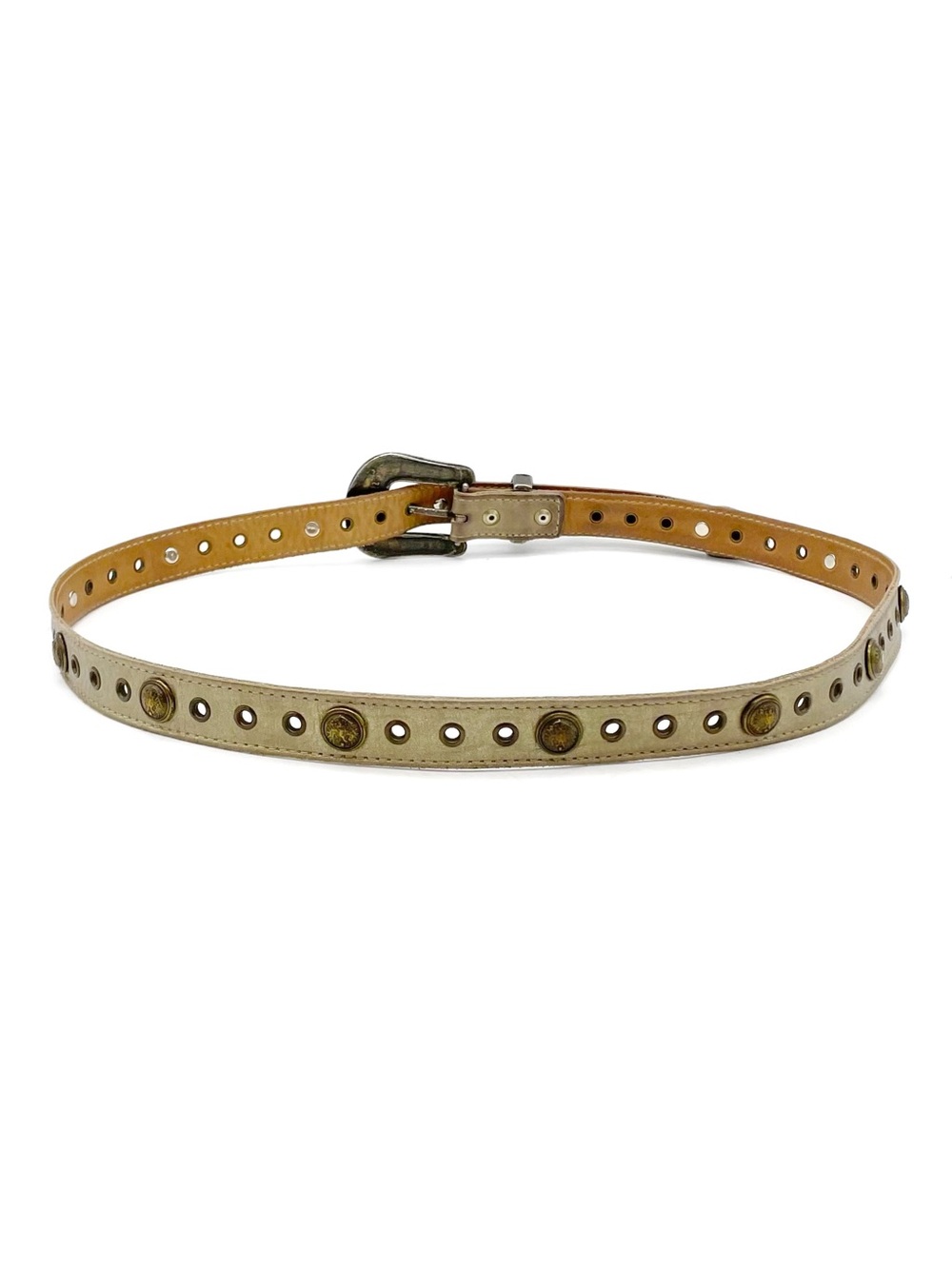 Vintage Western Leather Belt Taupe Tan Studded Floral Engraved Buckle Size XL - Picture 4 of 9
